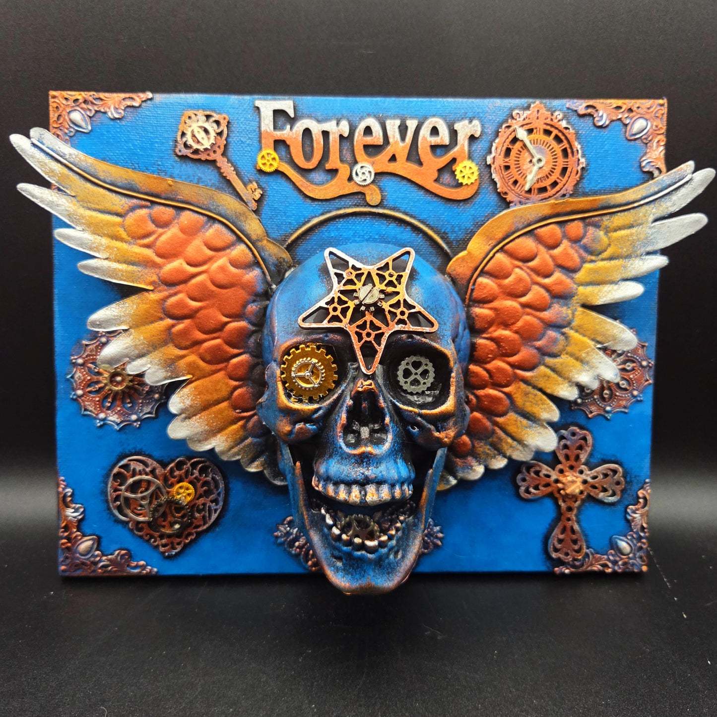 "Forever" Winged Skull Mixed Media Assemblage Wall Art