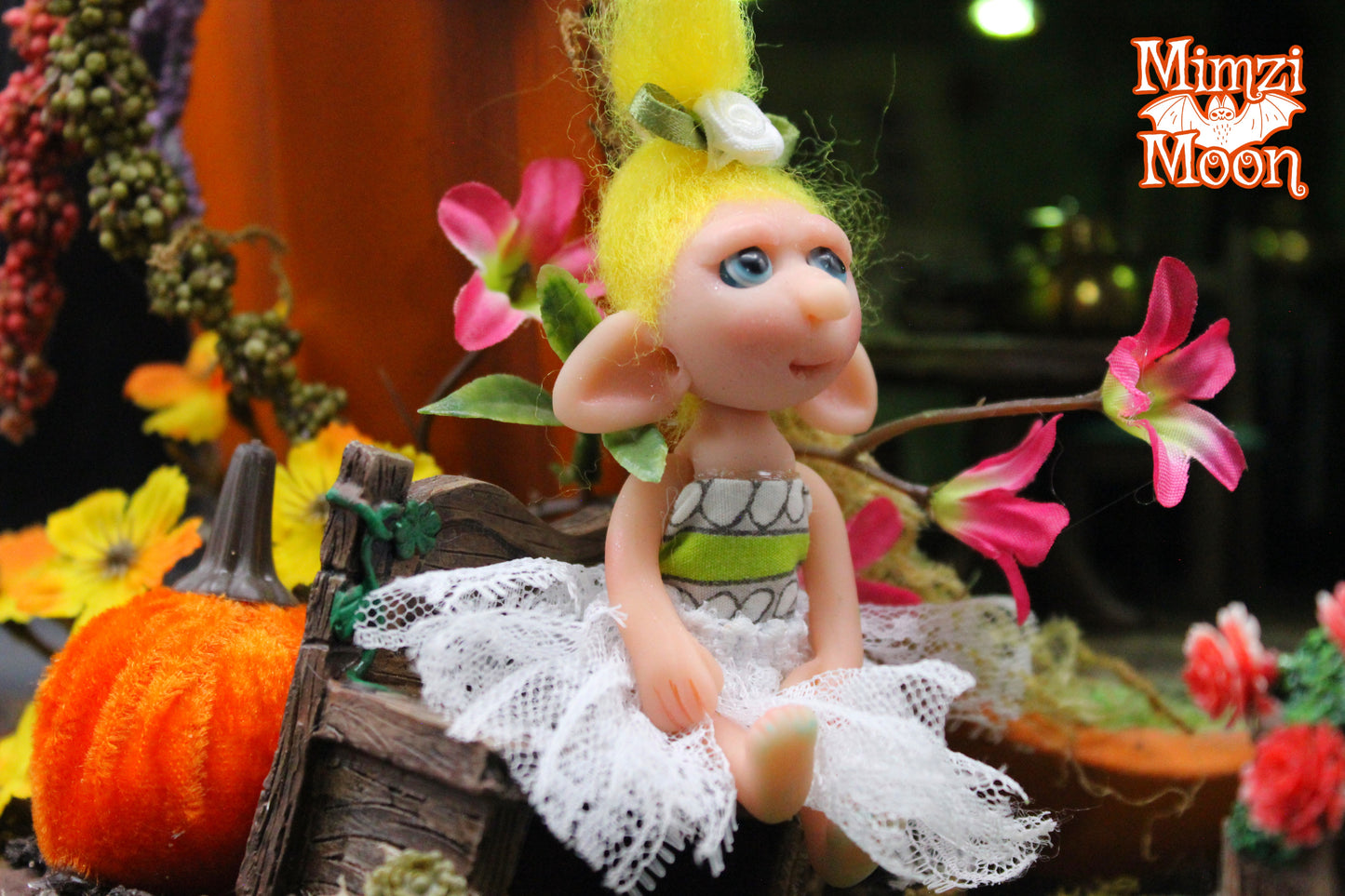 Furnished and Lighted Fairy House. Handmade Pumpkin Dollhouse.