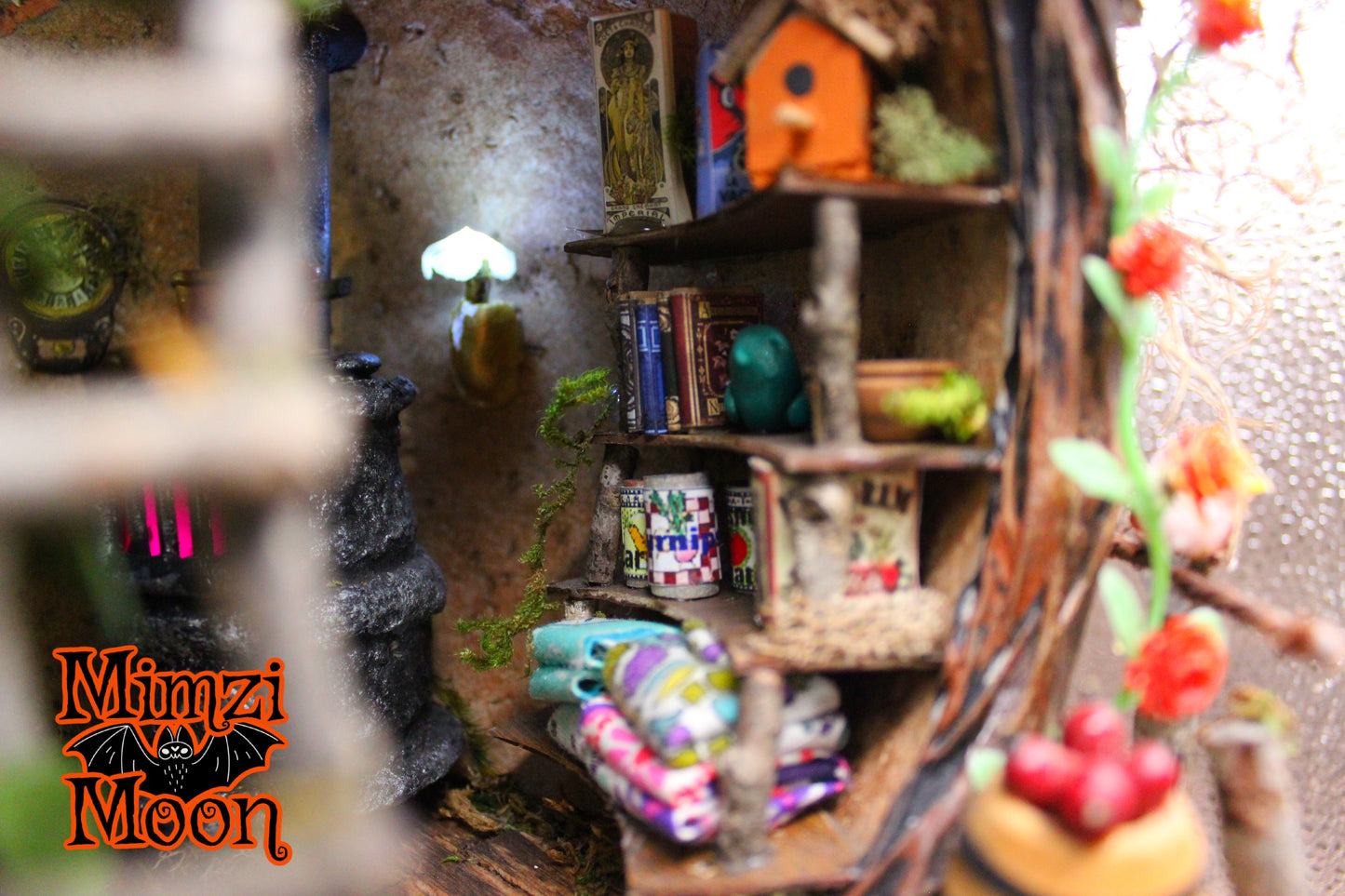 Furnished and Lighted Fairy House. Handmade Dollhouse with Elf Doll.