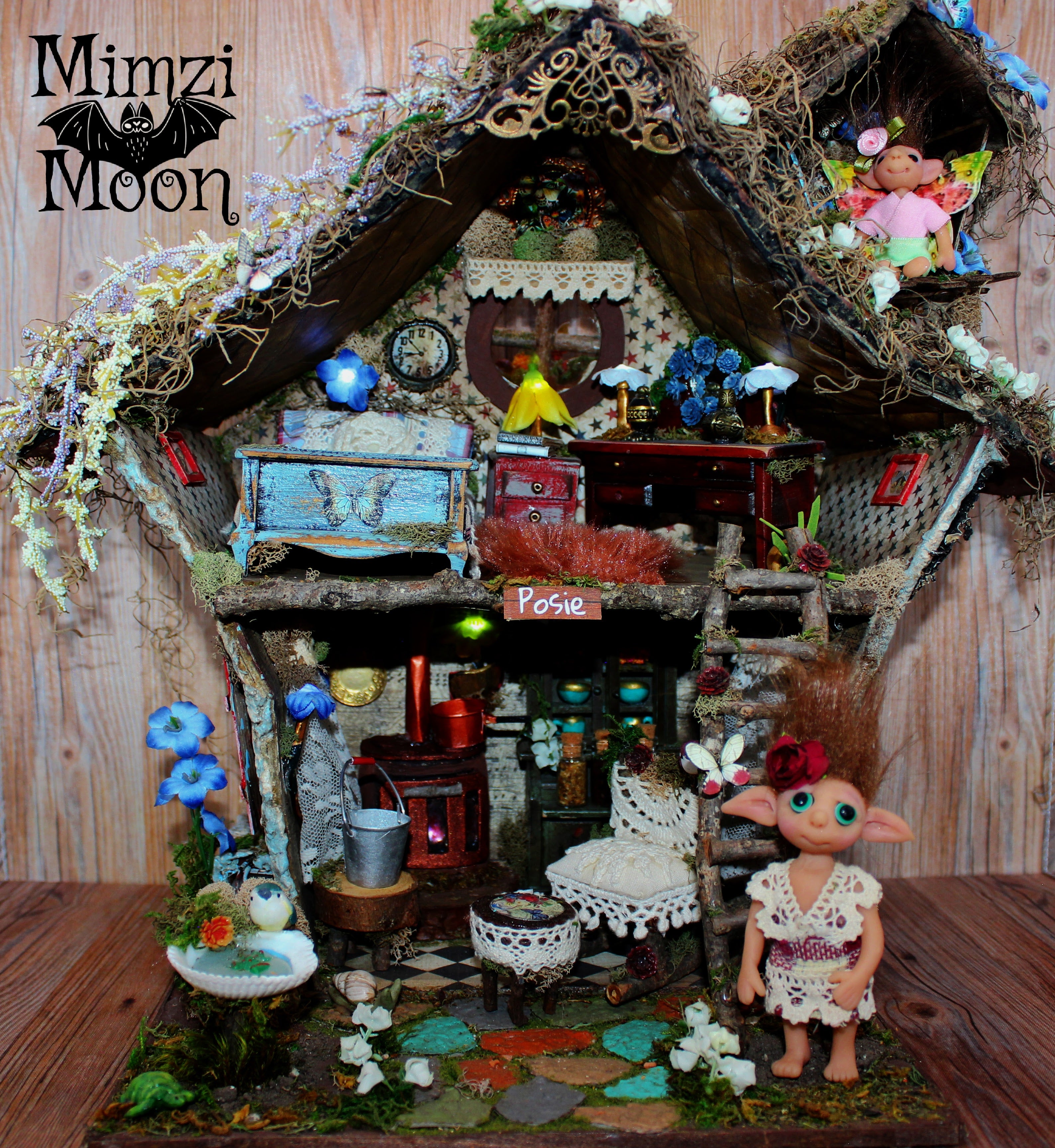 Furnished And Lighted Fairy House Handmade Dollhouse With Elf Dolls Mimzi Moon