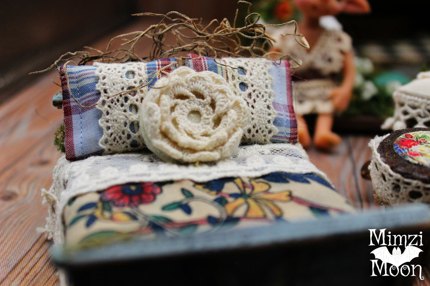 Furnished and Lighted Fairy House. Handmade Dollhouse with Elf Dolls.