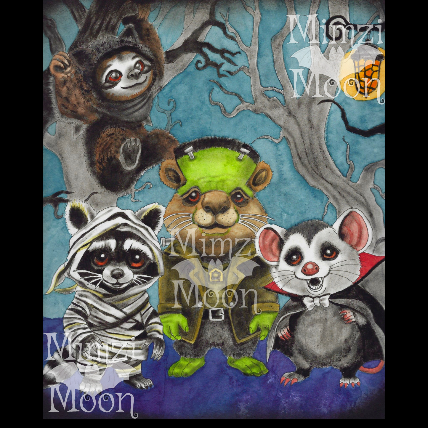 Adorable Animals in Monster Costumes, Original Art Print by Mimzi Moon