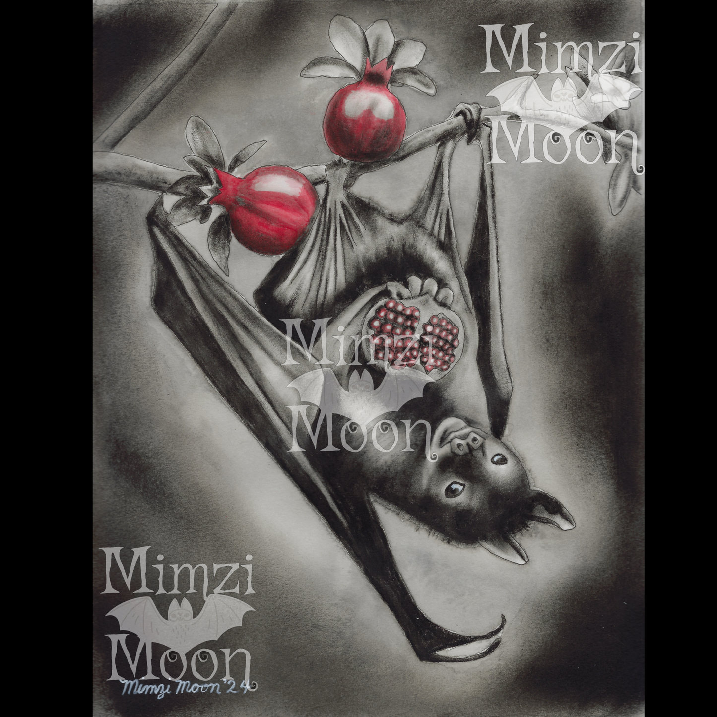 Pomegranate Fruit Bat Original Art Print by Mimzi Moon