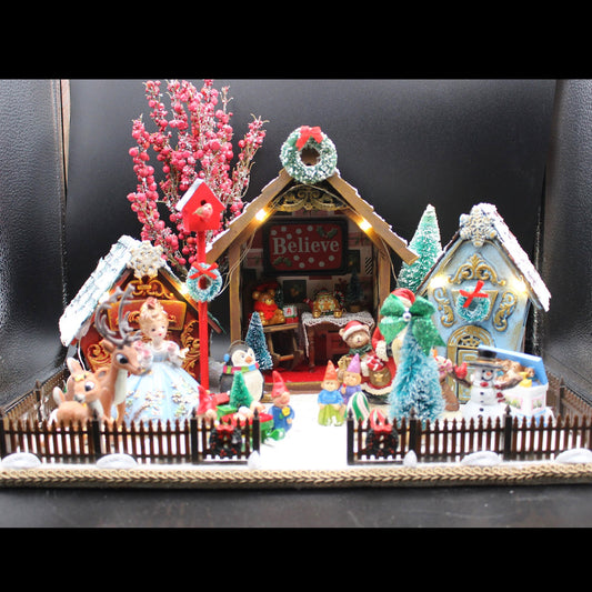 Christmas Village Diorama! Christmas House, Tabletop Centerpiece! Furnished Dollhouse!