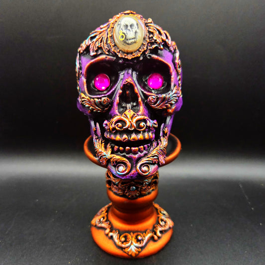 Handmade Decorative Purple Skull on a Stand