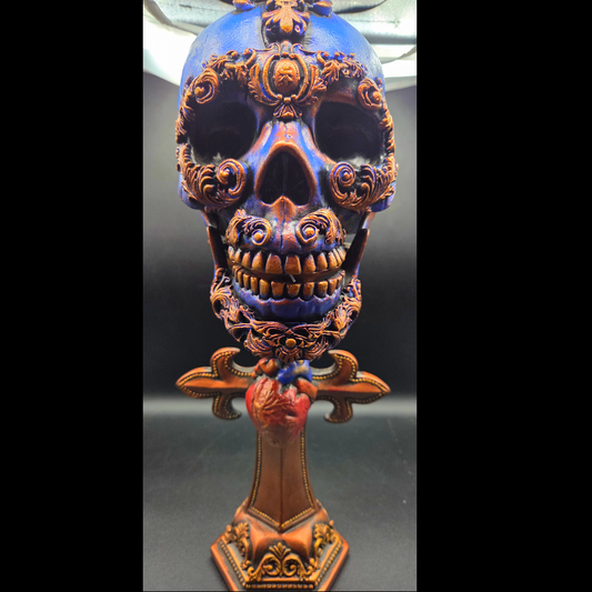 Large Decorative Skull on a Gothic Cross Stand with Anatomical Heart