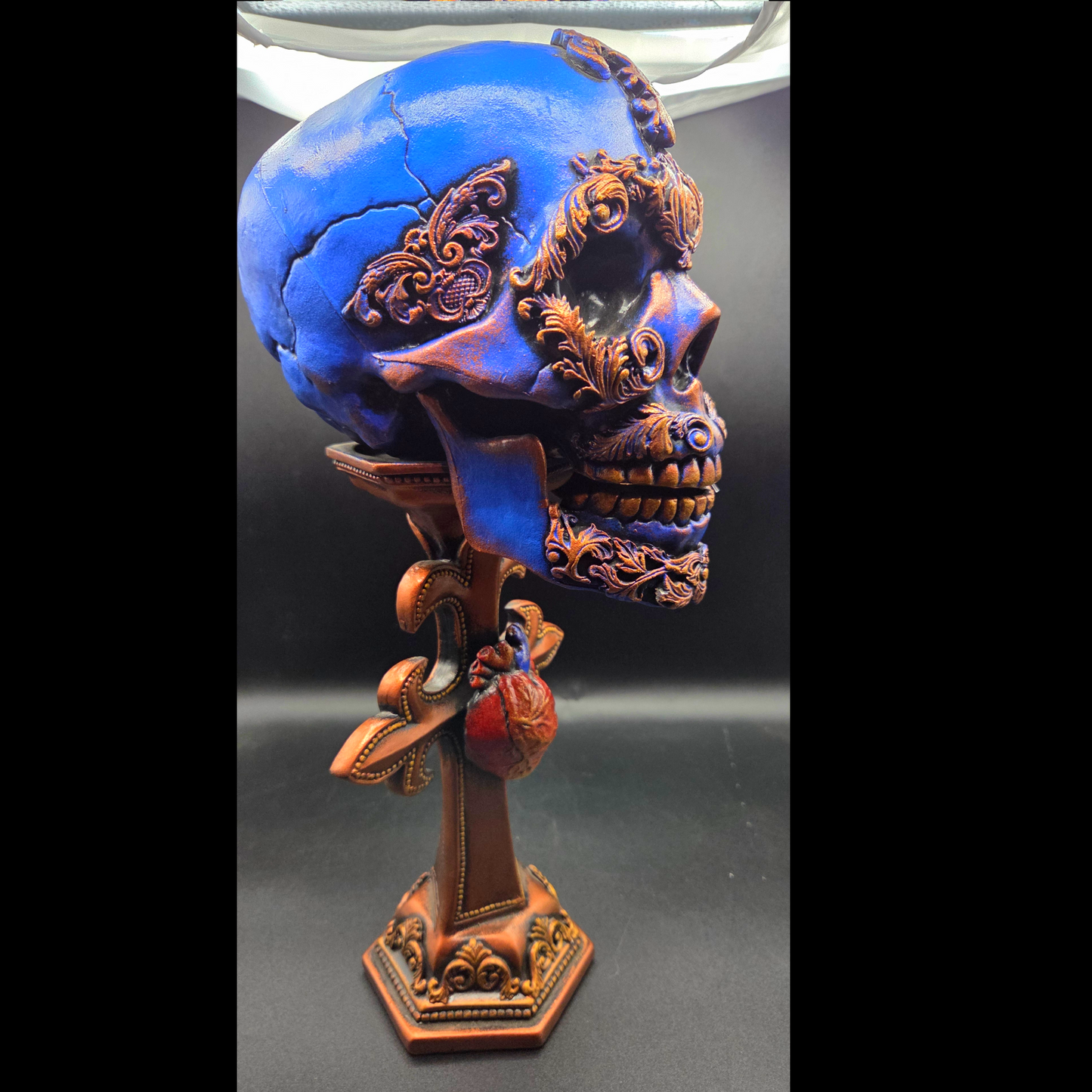 Large Decorative Skull on a Gothic Cross Stand with Anatomical Heart