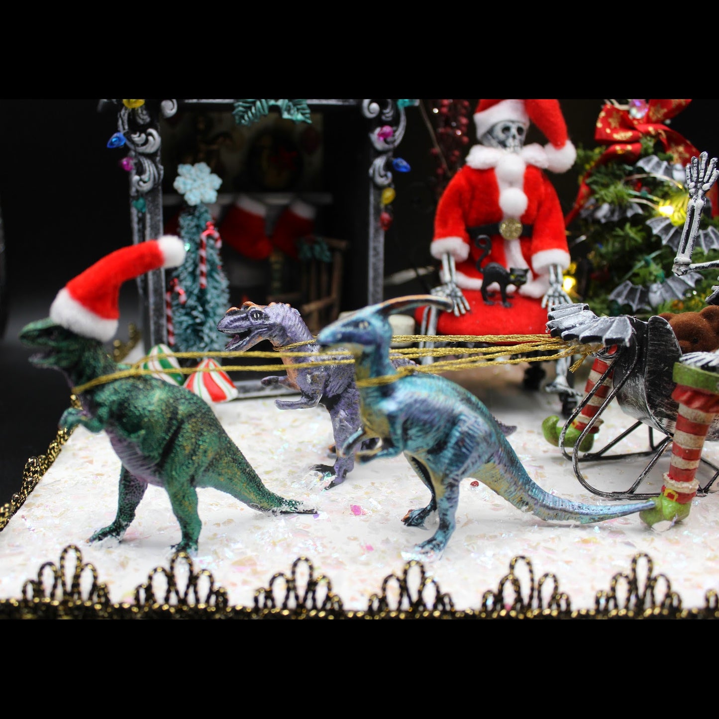 Christmas Meets Halloween Diorama! Quirky Dinosaur, Skeleton Christmas Scene! Goth Christmas.