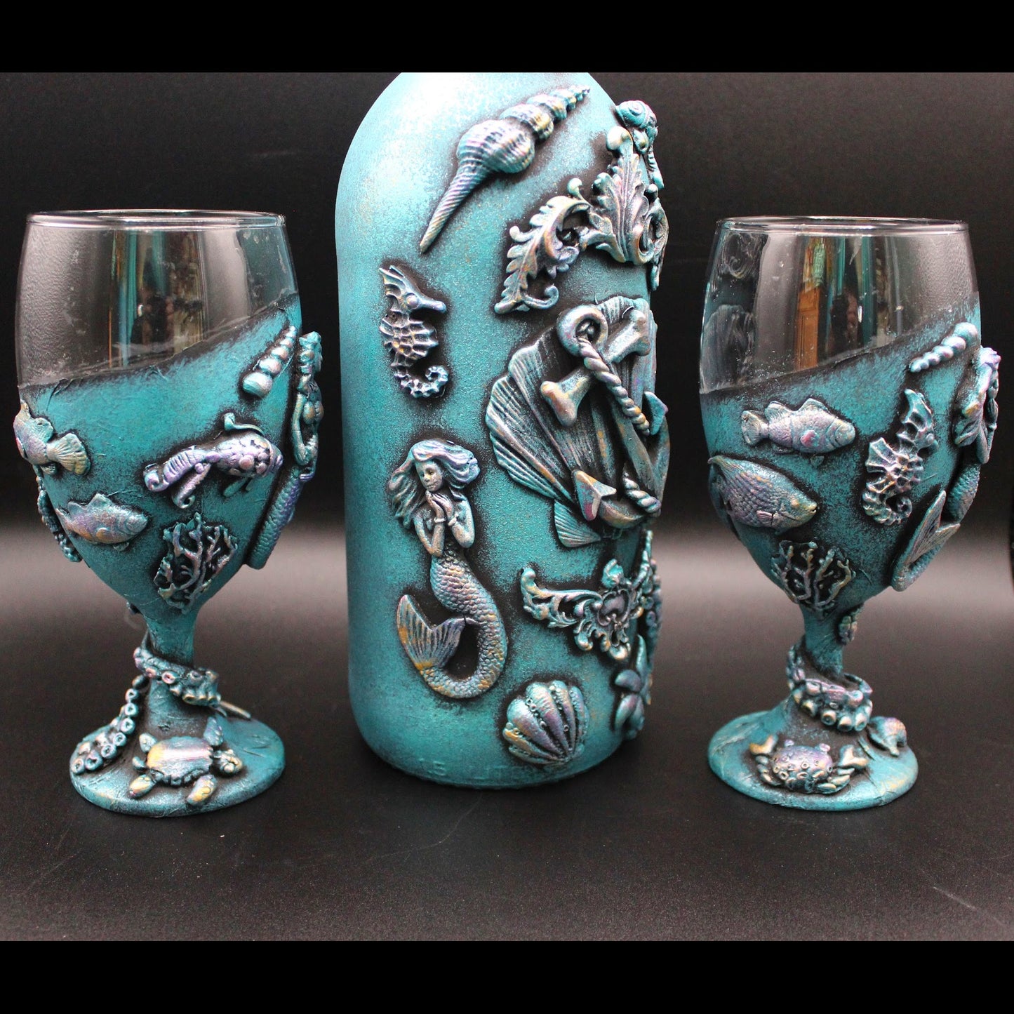 Gorgeous Mermaid Wine Bottle and Wine Glass Set! Nautical Liquor Decanter with Glasses!