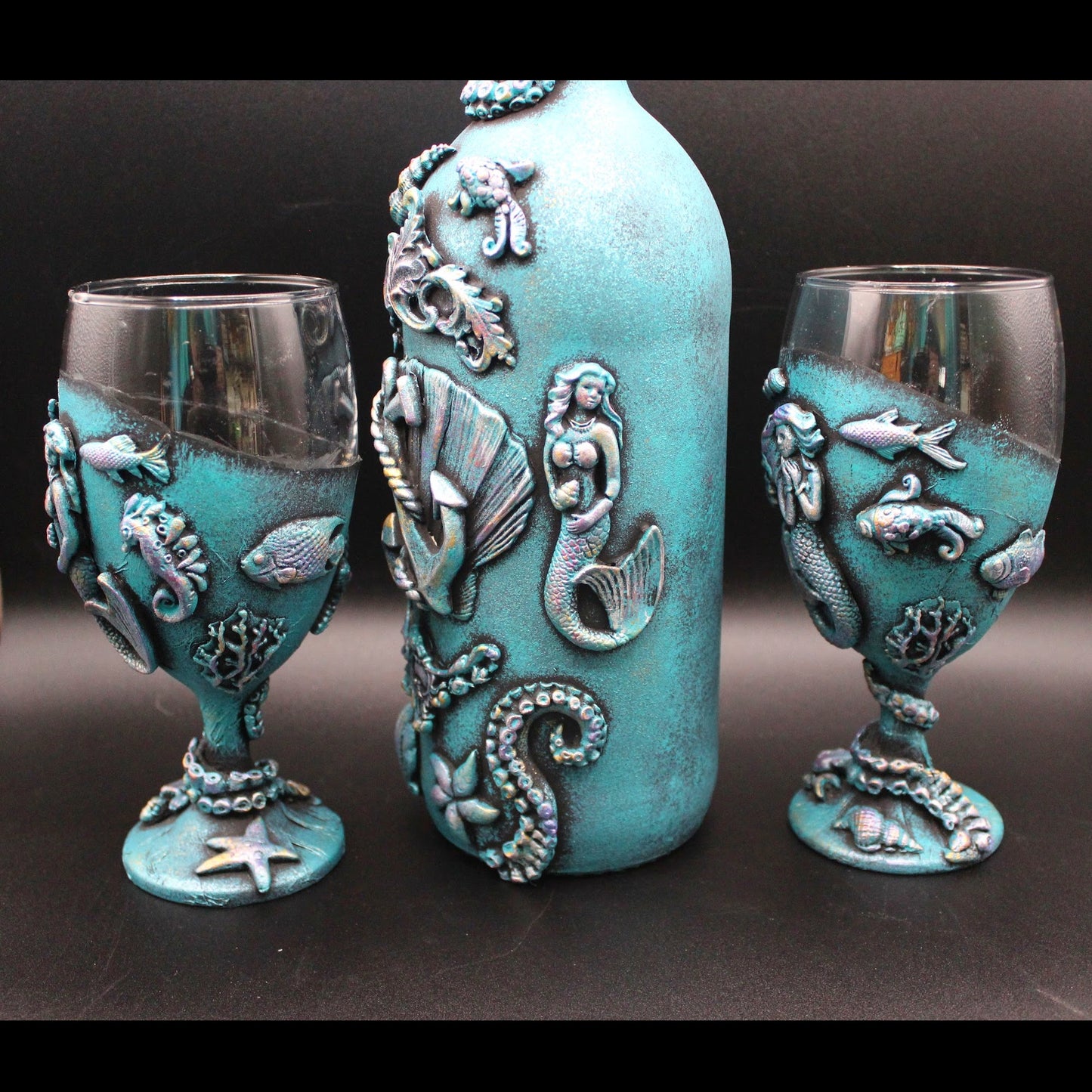 Gorgeous Mermaid Wine Bottle and Wine Glass Set! Nautical Liquor Decanter with Glasses!