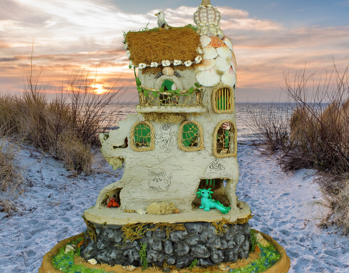 Large Beach Fairy House.  Furnished, Lighted Dollhouse.