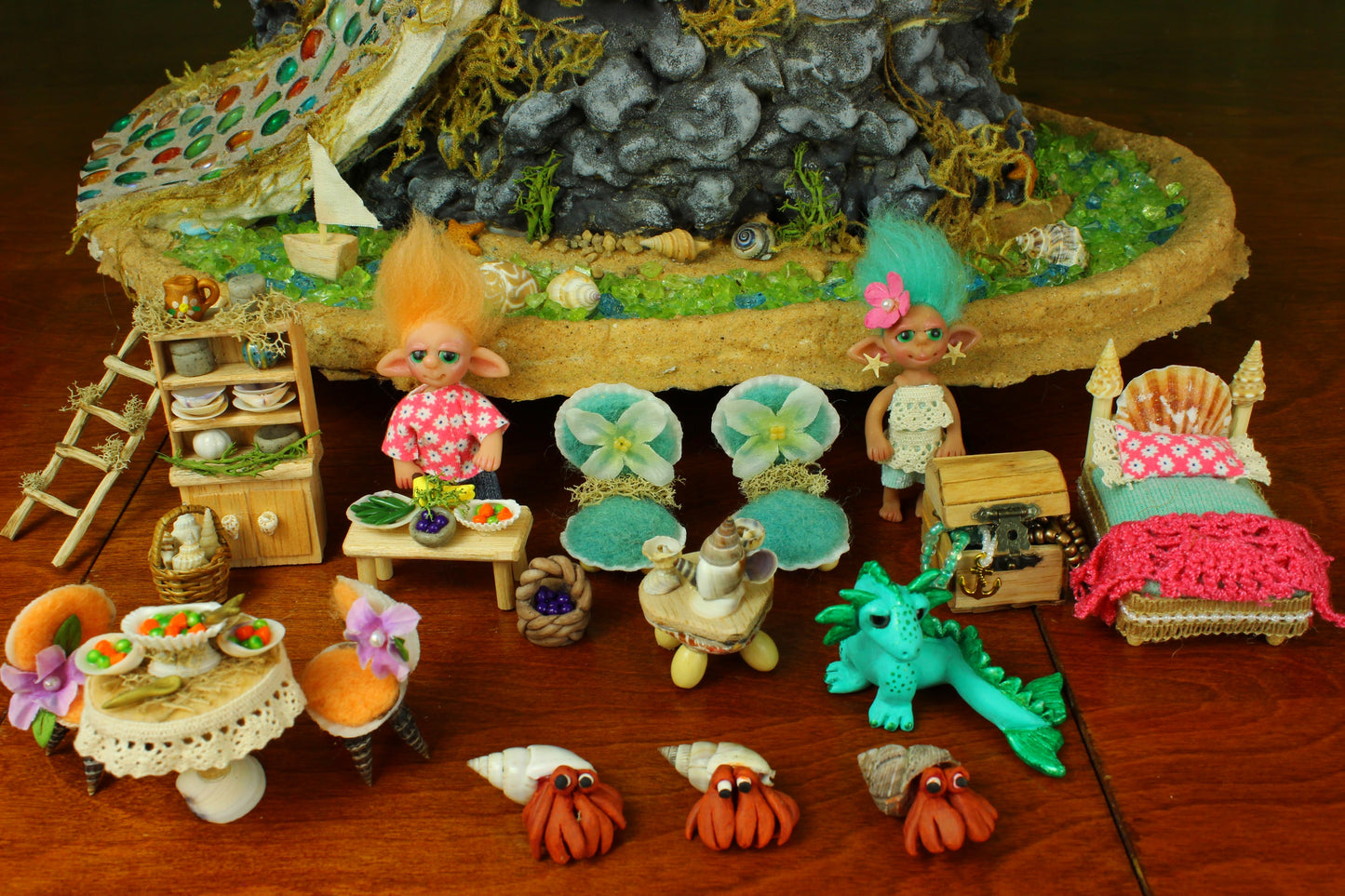 Large Beach Fairy House.  Furnished, Lighted Dollhouse.