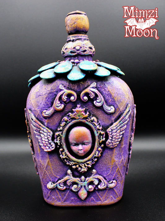 Vintage Looking Decorative Bottle.  Purple Mixed Media Art Bottle.