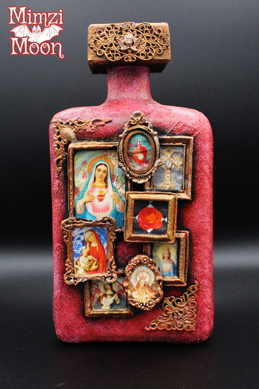 Religious Themed Art Bottle. Handmade Mother Mary Table Decoration.