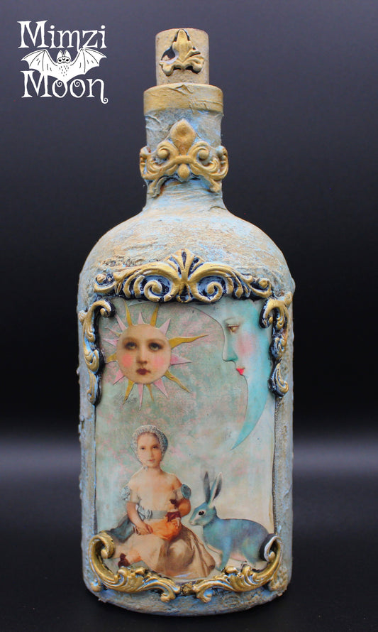 Shabby Chic Art Bottle.  Handmade Mixed Media Table Decoration.