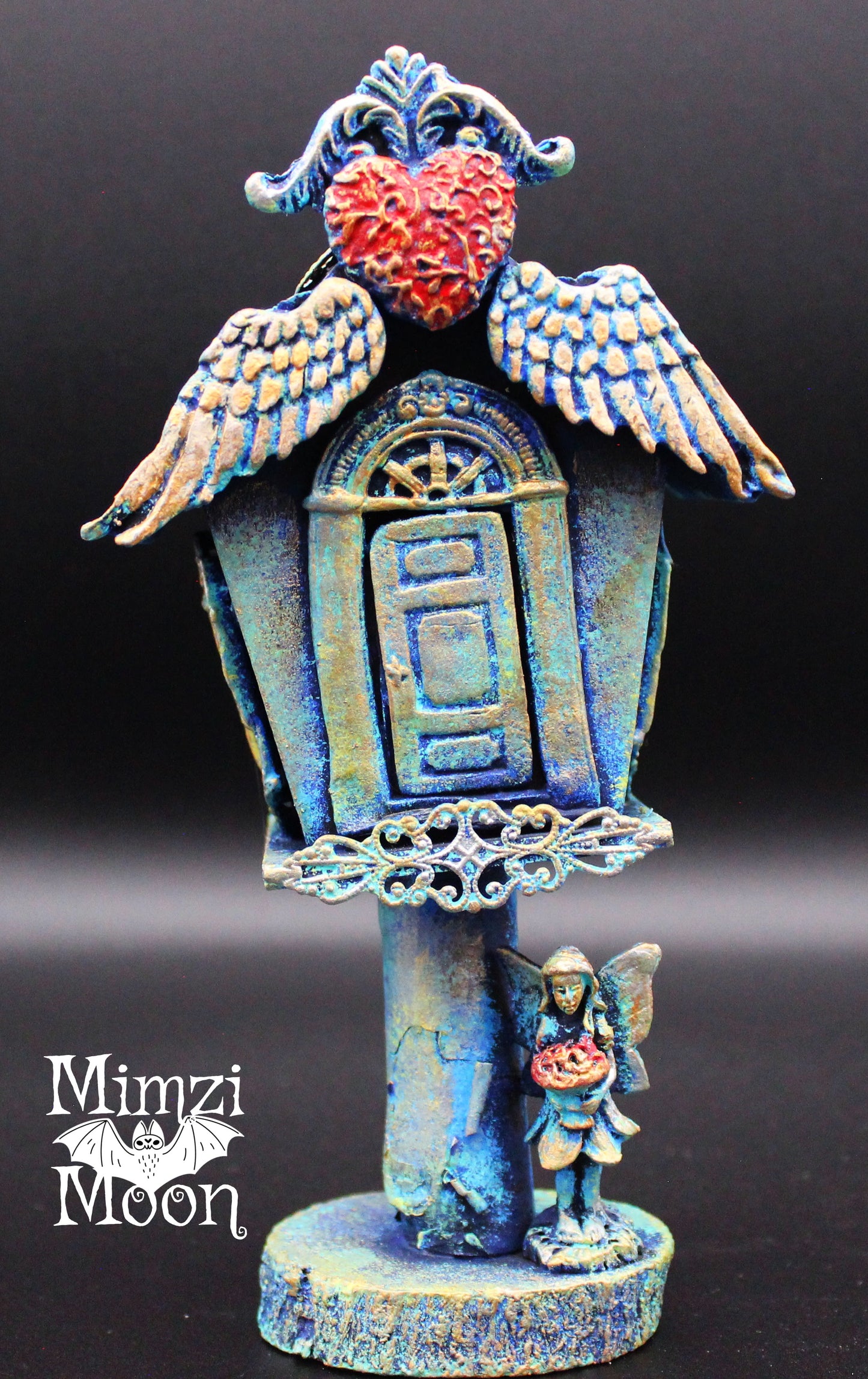 Shabby Chic Fairy House Birdhouse.  Mixed Media Tabletop Decoration.