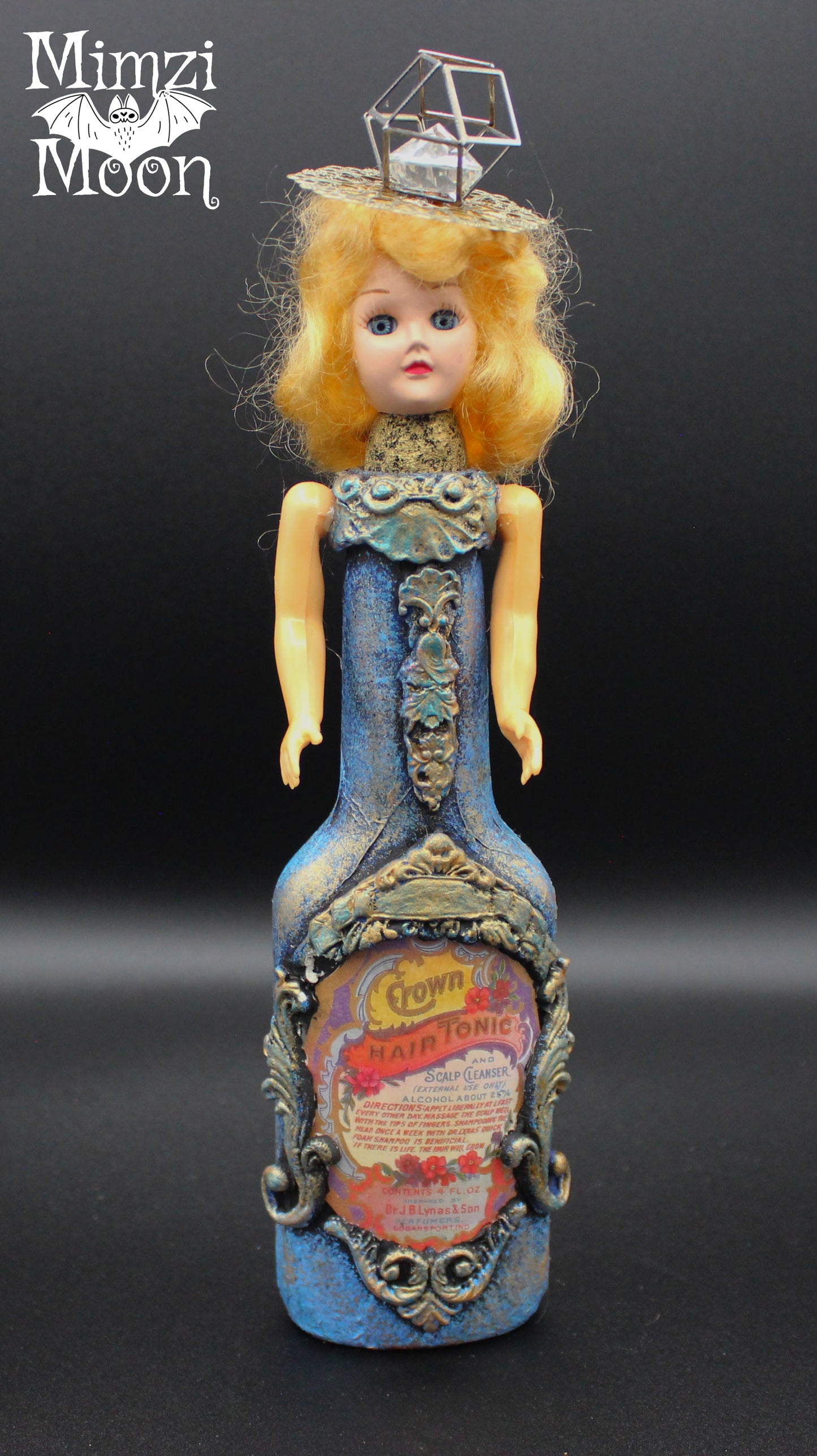 Vintage Altered Art Doll.  Mixed Media Hair Tonic Toiletries Art Bottle.