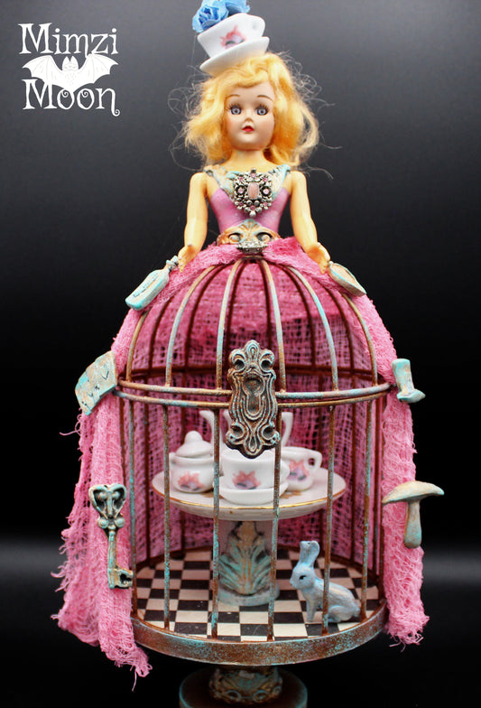 Shabby Chic Alice in Wonderland Inspired Altered Doll.  Mixed Media Bird Cage Tabletop Decoration.