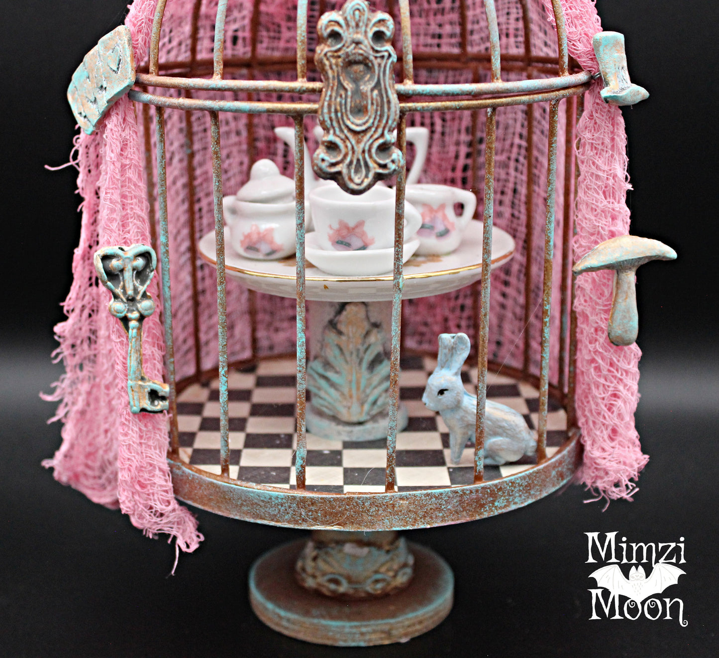 Shabby Chic Alice in Wonderland Inspired Altered Doll.  Mixed Media Bird Cage Tabletop Decoration.