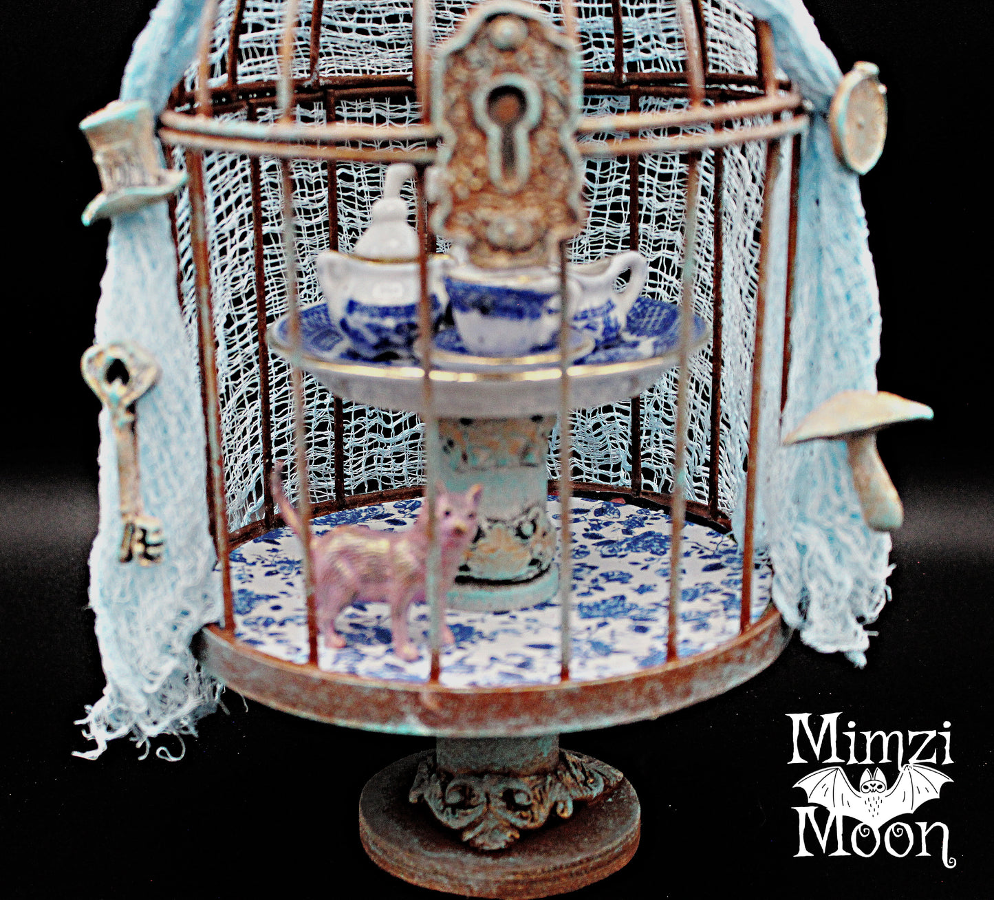 Shabby Chic Alice in Wonderland Inspired Altered Art Doll.  Mixed Media Bird Cage Tabletop Decoration.