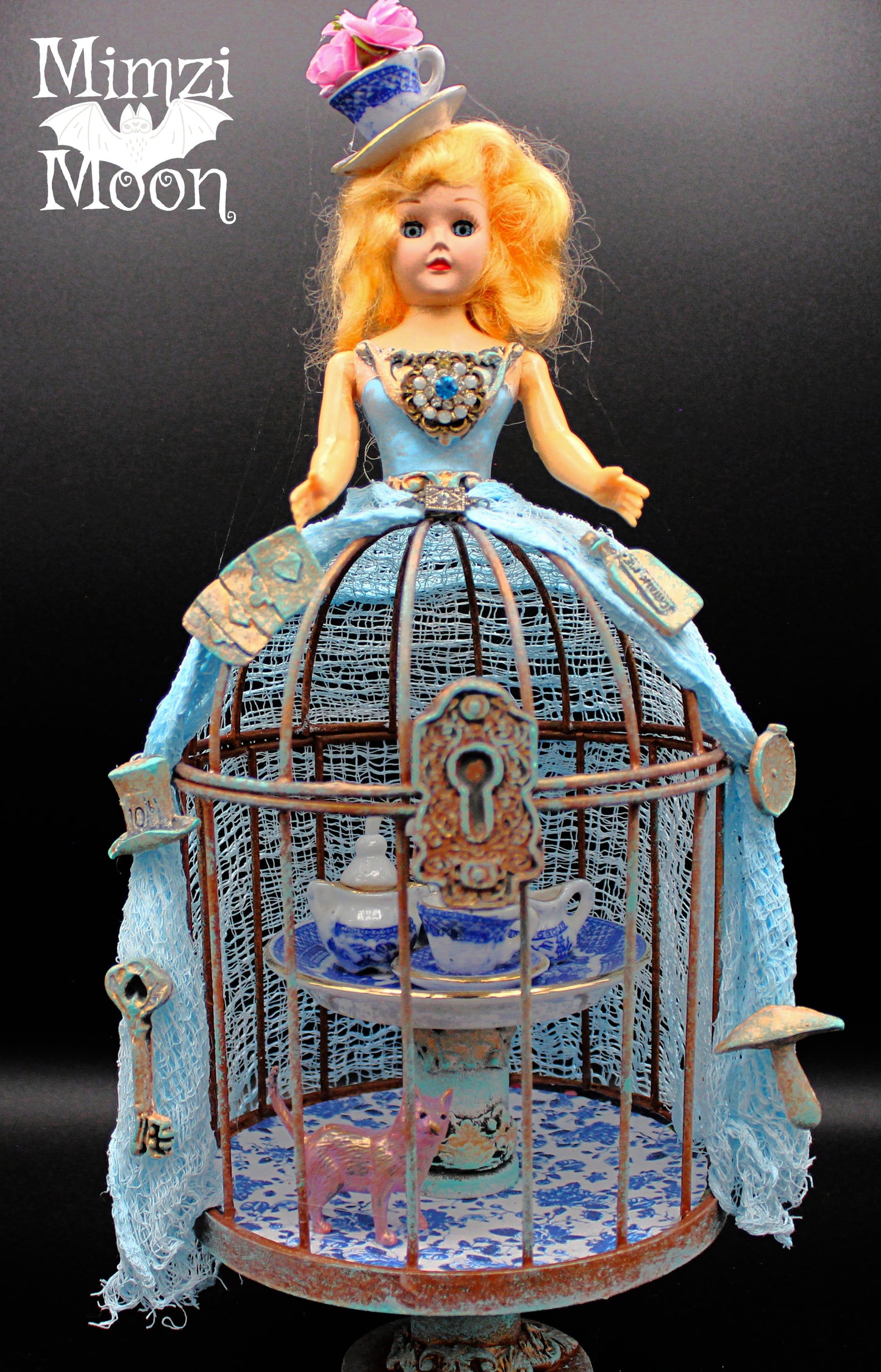 Shabby Chic Alice in Wonderland Inspired Altered Art Doll.  Mixed Media Bird Cage Tabletop Decoration.