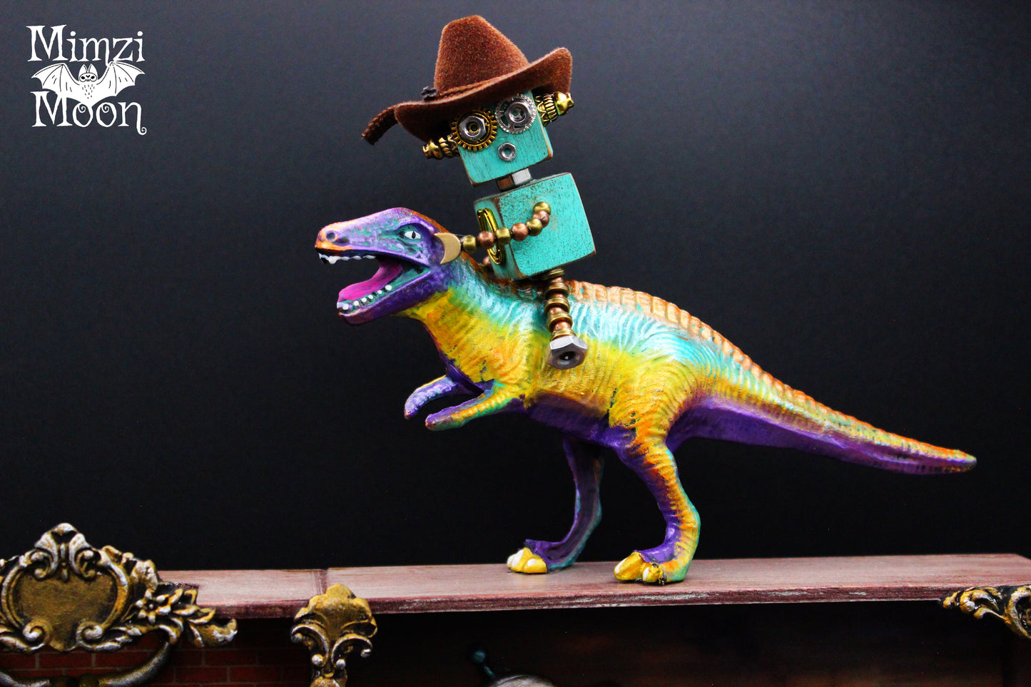 Western Dinosaur, Robot, Spaceship Shadow Box.  Altered Art, Mixed Media Wall Hanging.