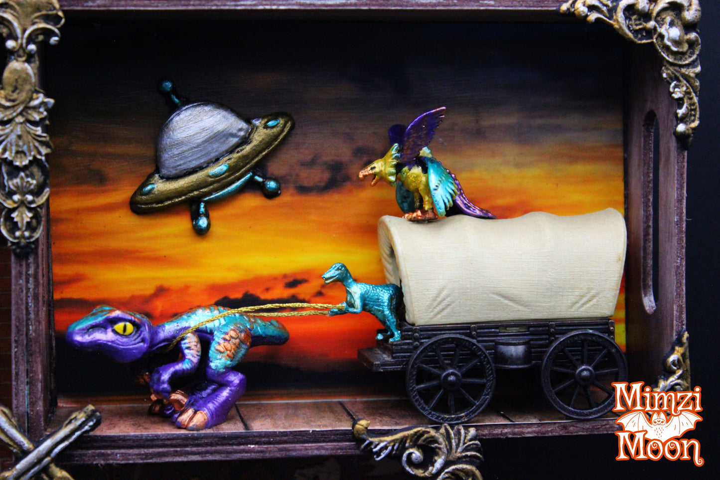 Western Dinosaur, Robot, Spaceship Shadow Box.  Altered Art, Mixed Media Wall Hanging.