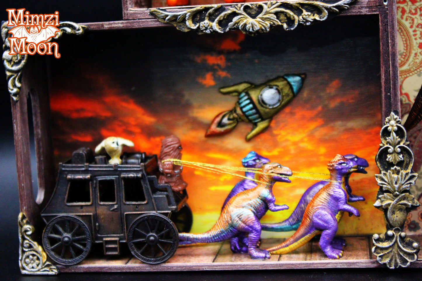 Western Dinosaur, Robot, Spaceship Shadow Box.  Altered Art, Mixed Media Wall Hanging.