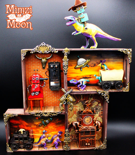 Western Dinosaur, Robot, Spaceship Shadow Box.  Altered Art, Mixed Media Wall Hanging.