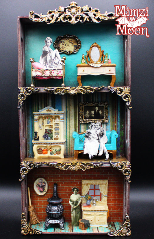 Vintage Looking Dollhouse Shadow Box.  Altered Art, Mixed Media, Shabby Chic Wall Art.