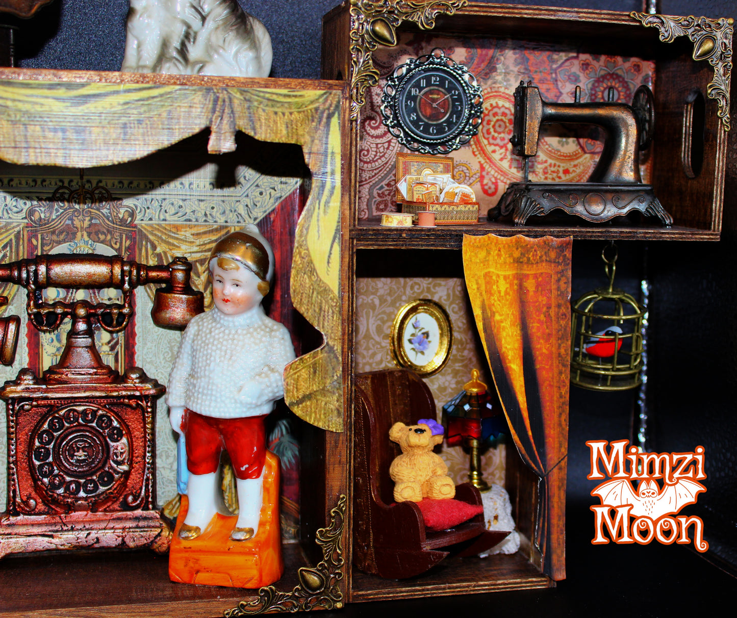 Vintage Looking Shadow Box with Real Vintage Metal Miniatures.  Mixed Media, Altered Art Wall Hanging.