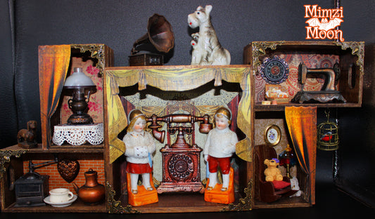 Vintage Looking Shadow Box with Real Vintage Metal Miniatures.  Mixed Media, Altered Art Wall Hanging.