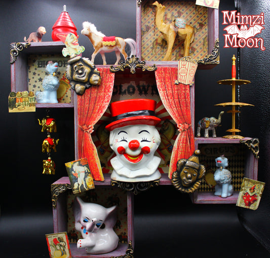 Vintage Looking Circus Shadow Box with Real Vintage Miniatures. Mixed Media, Assemblage Art Clown Wall Decor.