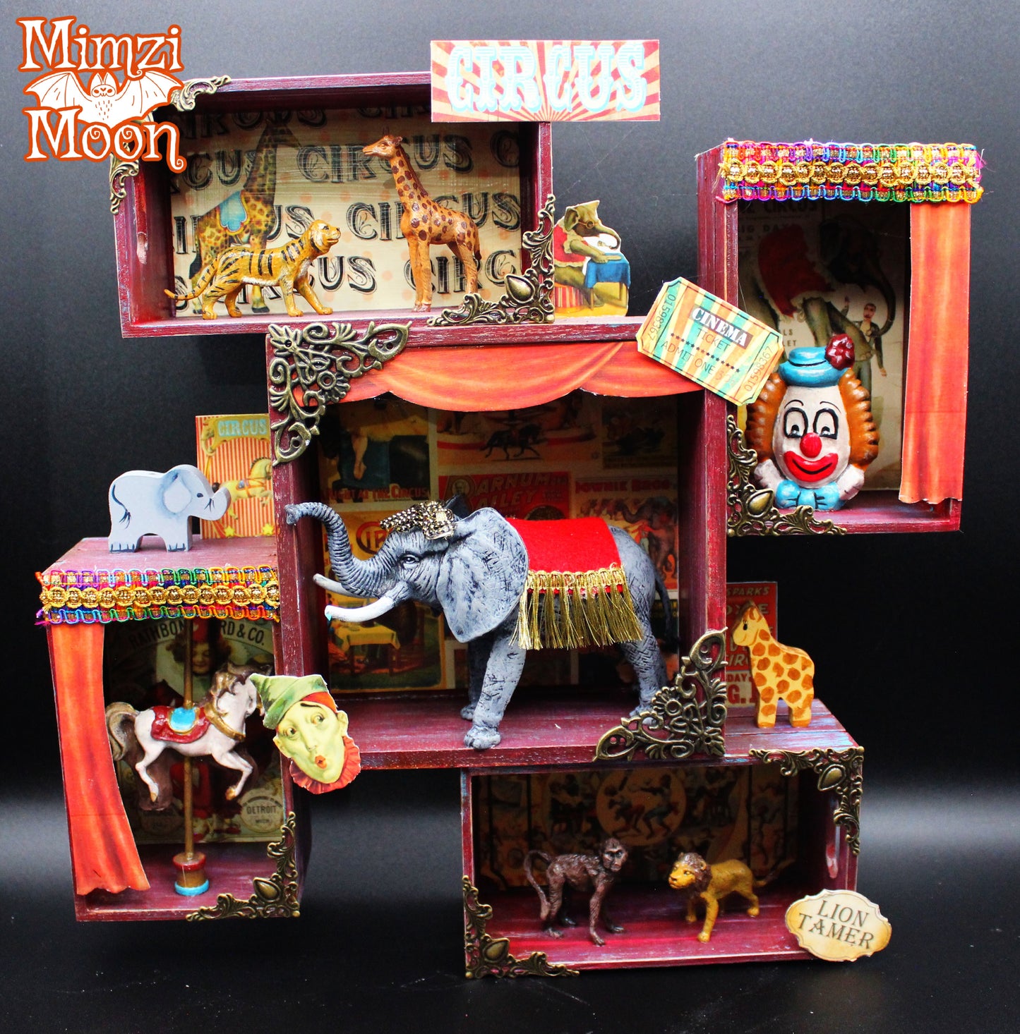 Vintage Looking Circus Shadow Box with Hand Painted Miniatures.  Mixed Media, Altered Art Clown Wall Hanging.