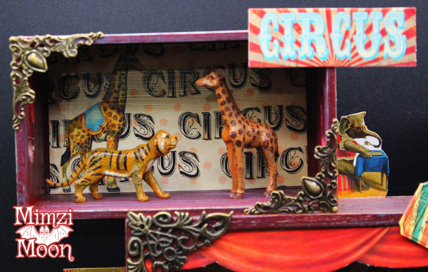 Vintage Looking Circus Shadow Box with Hand Painted Miniatures.  Mixed Media, Altered Art Clown Wall Hanging.