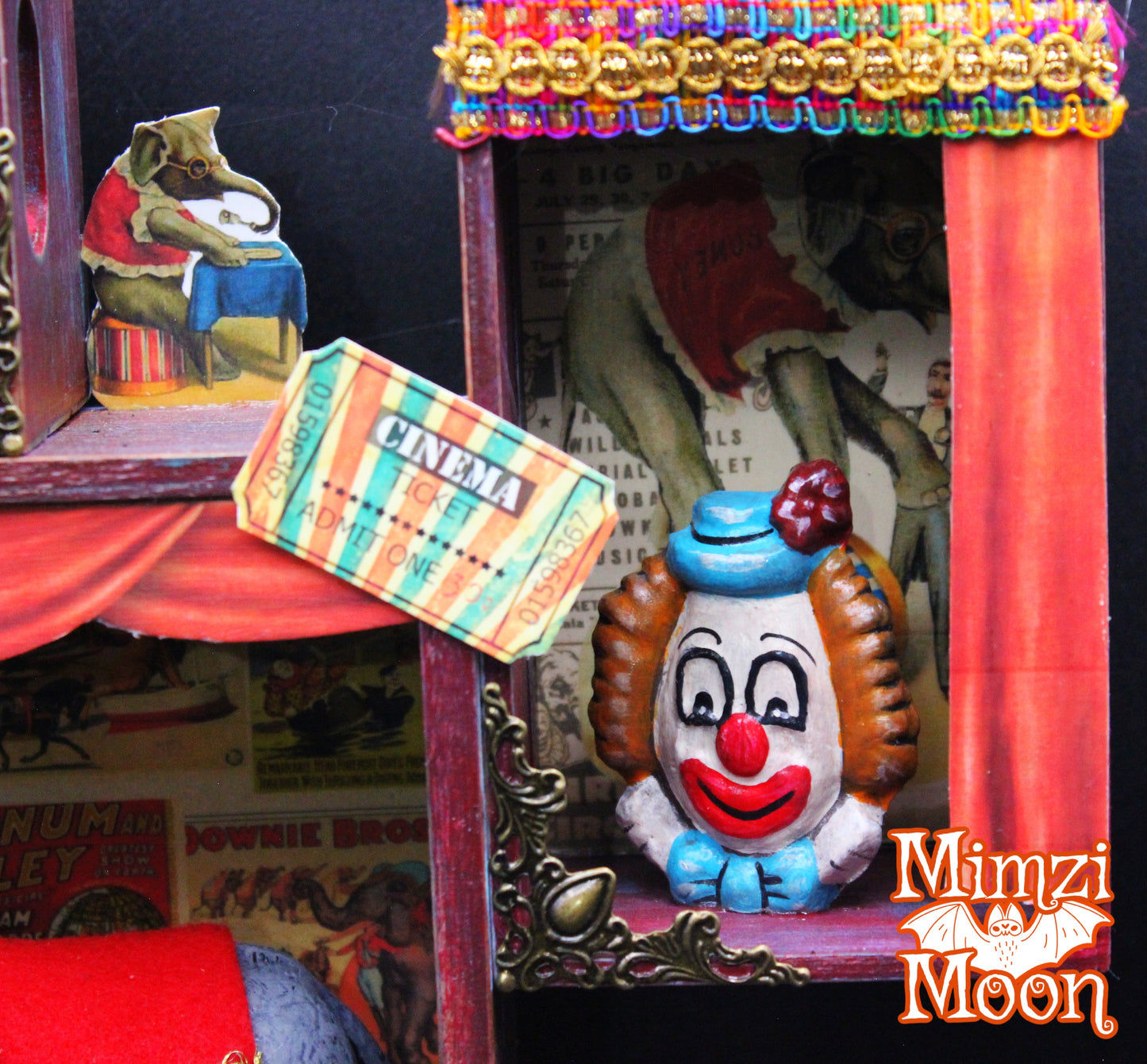 Vintage Looking Circus Shadow Box with Hand Painted Miniatures.  Mixed Media, Altered Art Clown Wall Hanging.