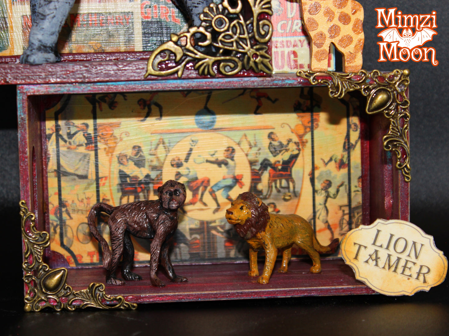 Vintage Looking Circus Shadow Box with Hand Painted Miniatures.  Mixed Media, Altered Art Clown Wall Hanging.