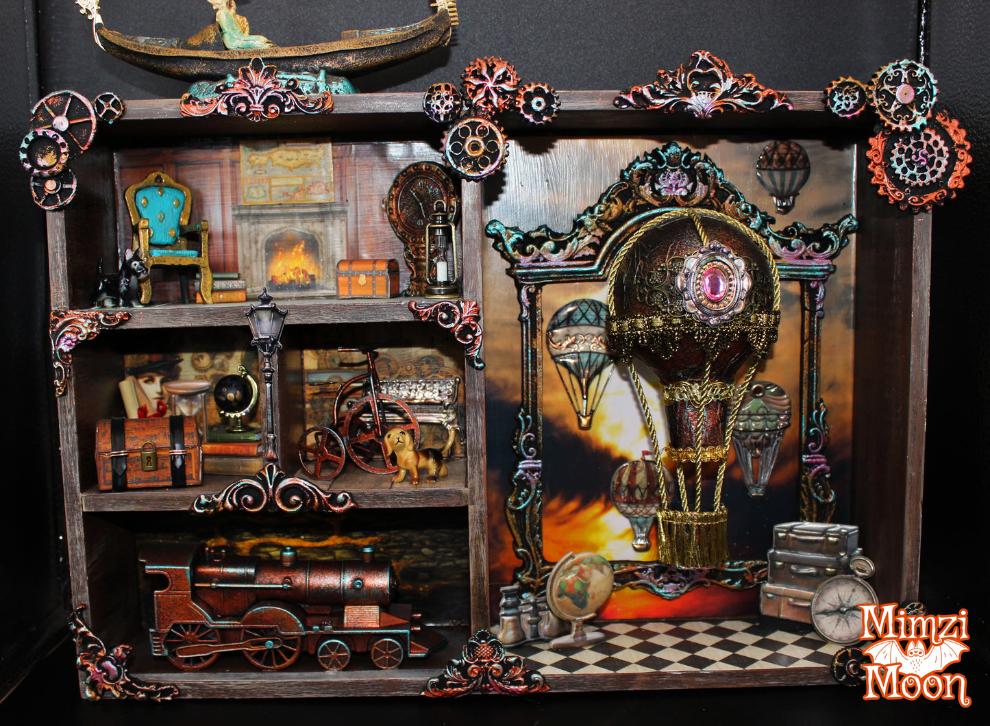 Steampunk Hot Air Balloon Shadow Box. Travel Themed, Mixed Media, Altered Art Wall Art.