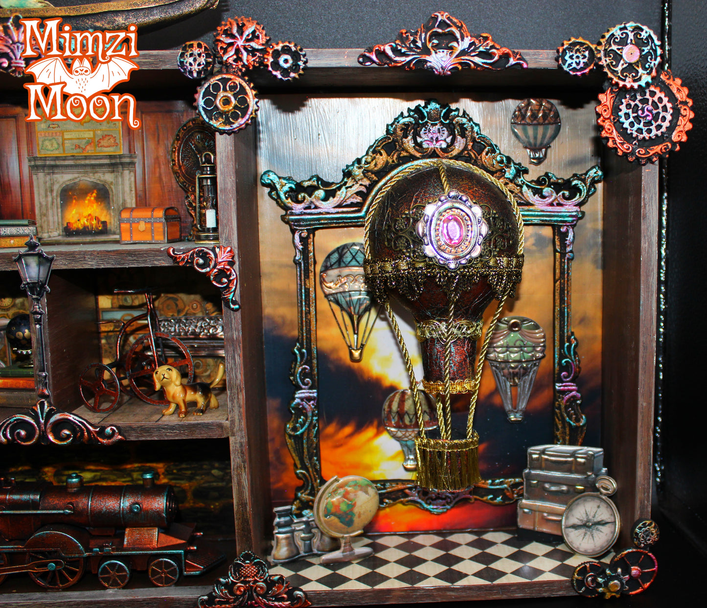 Steampunk Hot Air Balloon Shadow Box. Travel Themed, Mixed Media, Altered Art Wall Art.