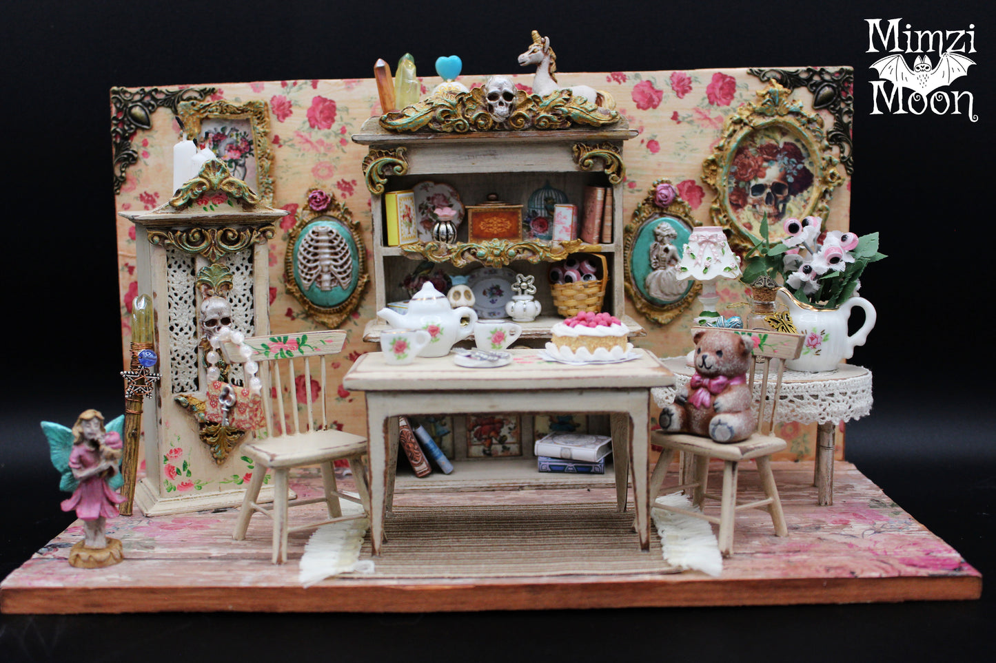 Creepy and Cute Dining Room Diorama.  Shabby Chic, Pastel Goth, Miniature Dollhouse Room Box.