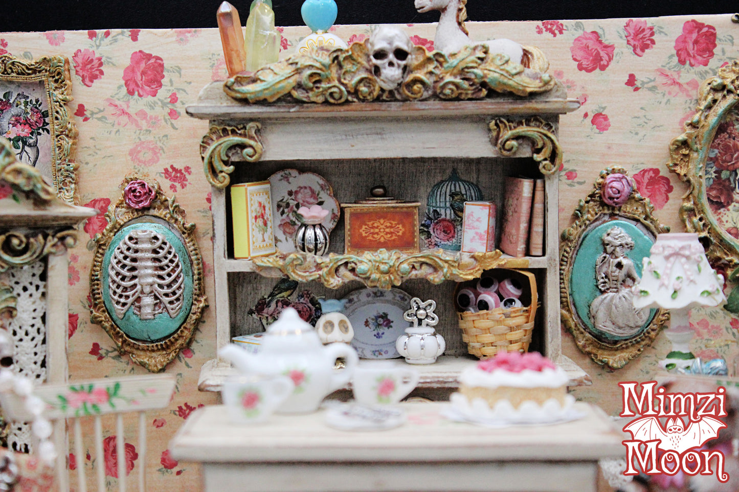 Creepy and Cute Dining Room Diorama.  Shabby Chic, Pastel Goth, Miniature Dollhouse Room Box.