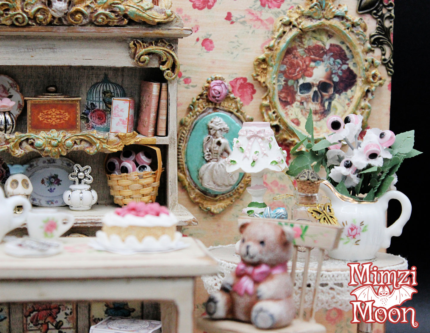 Creepy and Cute Dining Room Diorama.  Shabby Chic, Pastel Goth, Miniature Dollhouse Room Box.