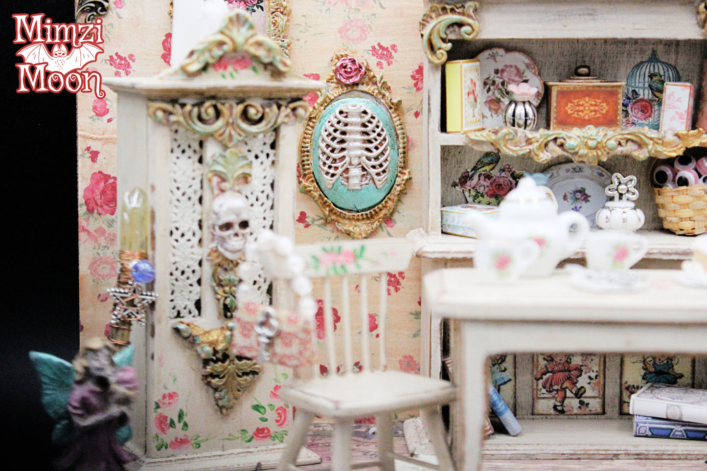 Creepy and Cute Dining Room Diorama.  Shabby Chic, Pastel Goth, Miniature Dollhouse Room Box.