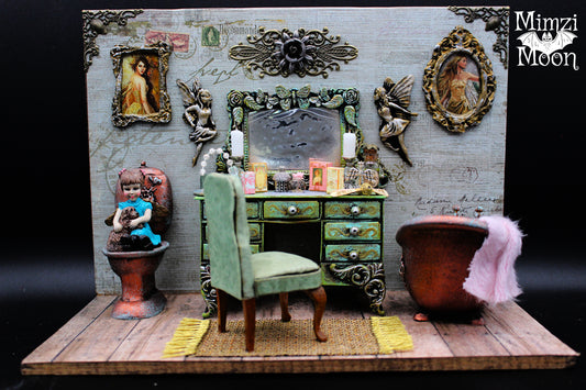 Vintage Looking  Miniature Bathroom Diorama.   Shabby Chic Fairy Room Box.