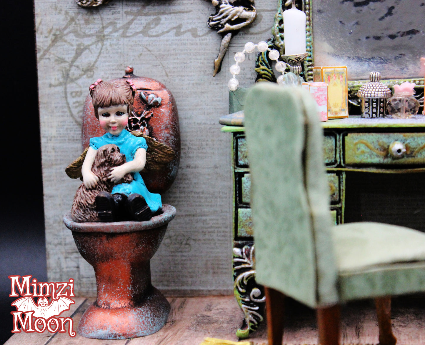 Vintage Looking  Miniature Bathroom Diorama.   Shabby Chic Fairy Room Box.