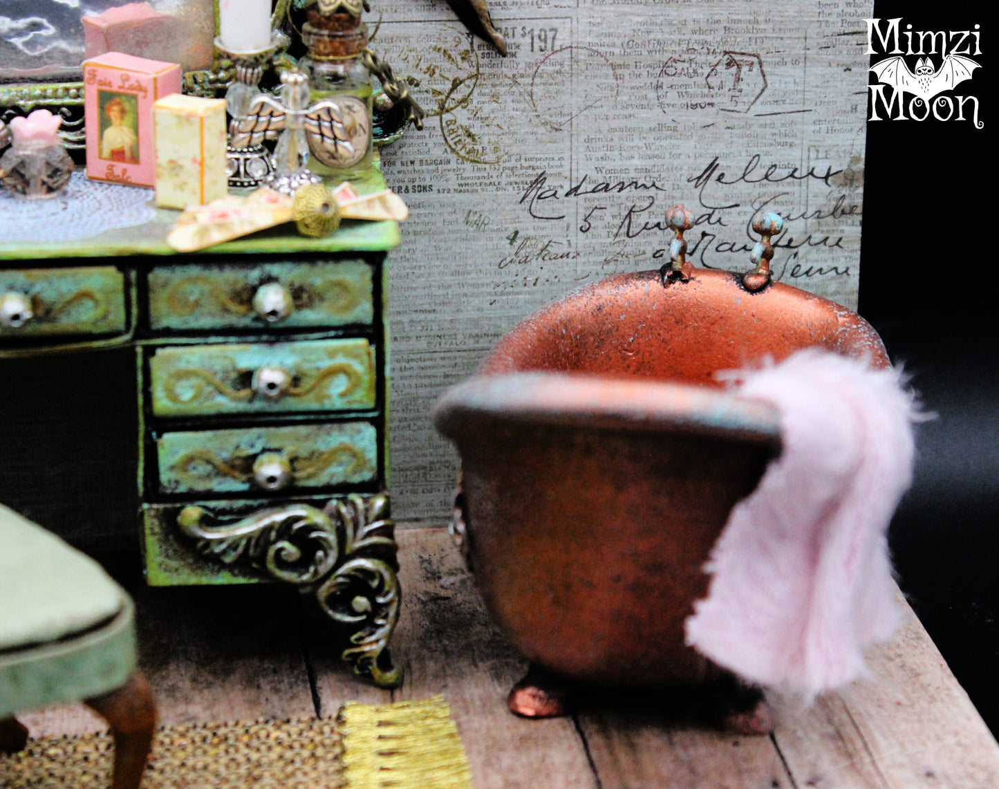 Vintage Looking  Miniature Bathroom Diorama.   Shabby Chic Fairy Room Box.