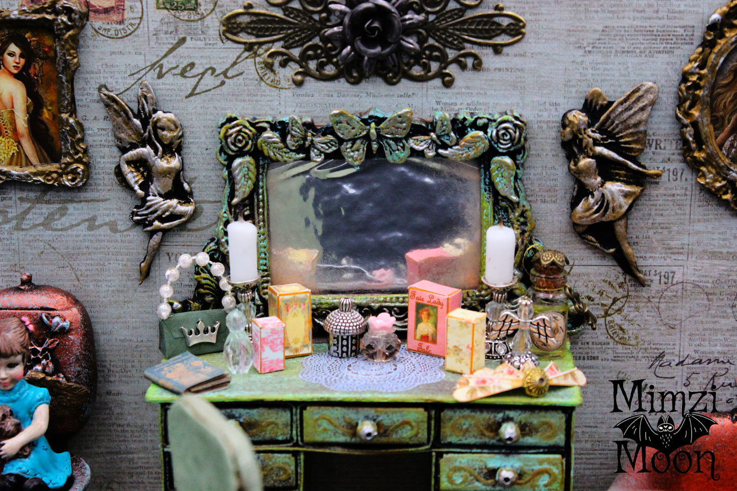 Vintage Looking  Miniature Bathroom Diorama.   Shabby Chic Fairy Room Box.