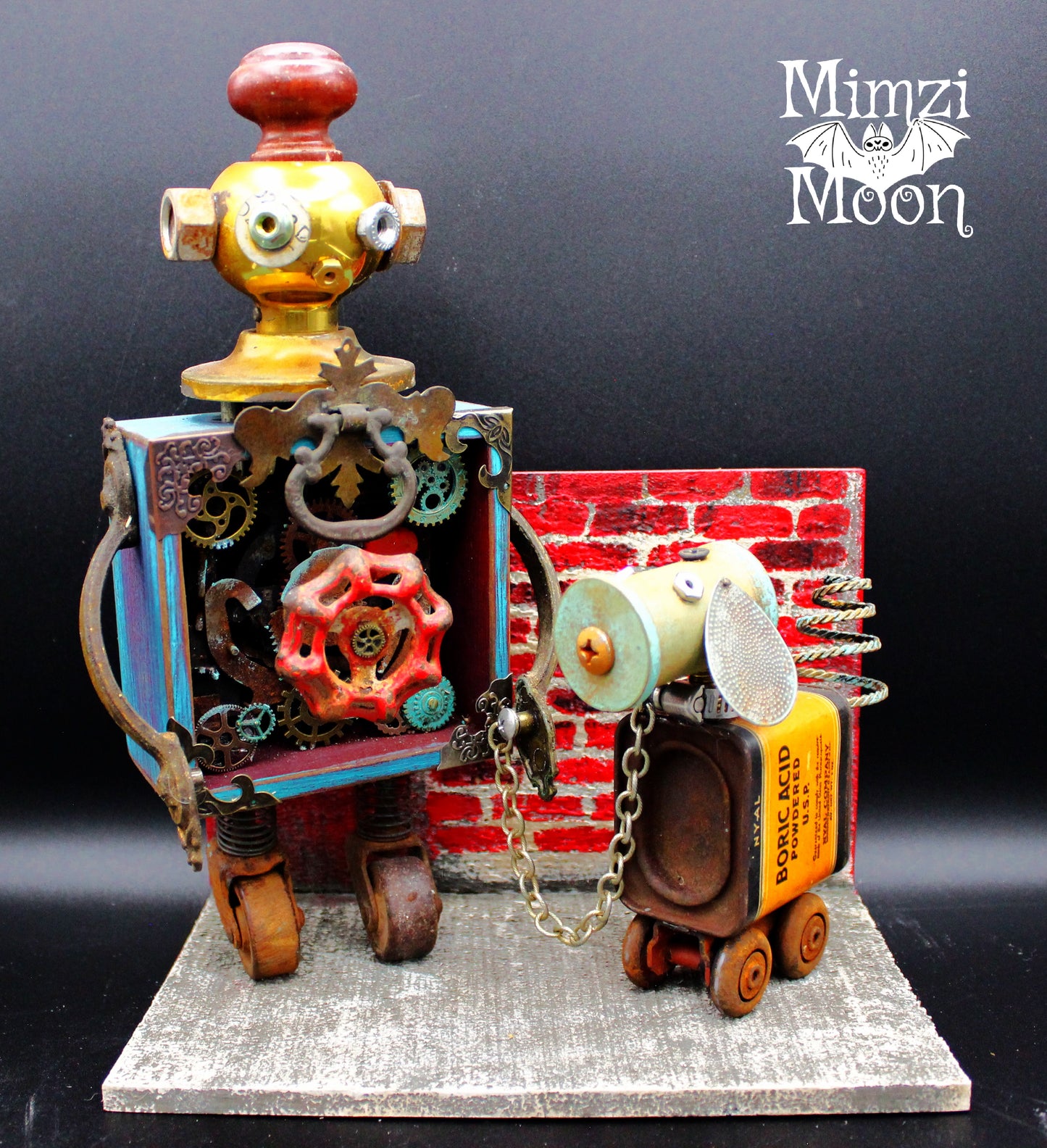 Found Object, Junk Robot and Dog.  Altered Art Figure Diorama.