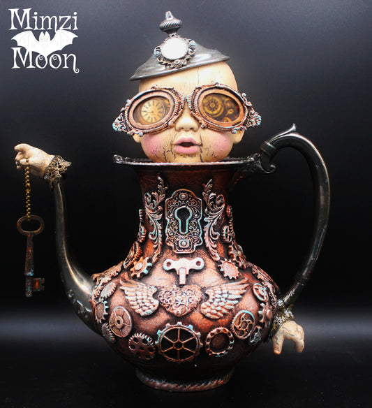 Steampunk Altered Art Doll.  Vintage Mixed Media Teapot Table Decoration.