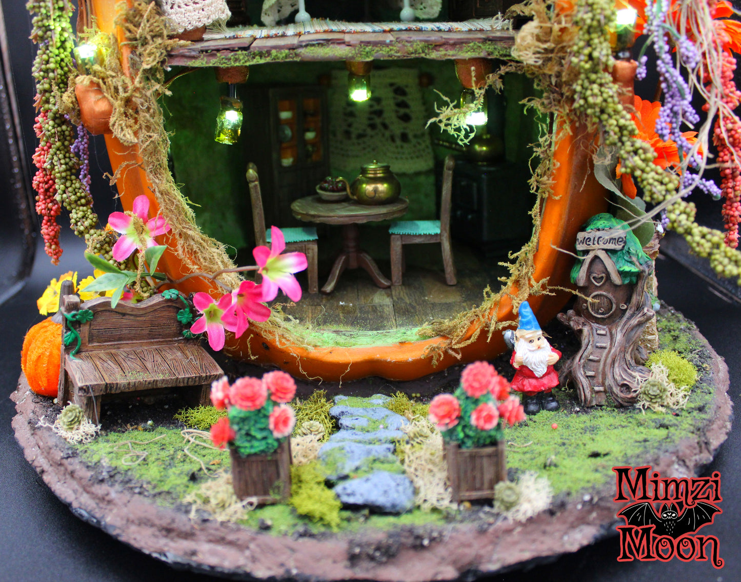 Furnished and Lighted Fairy House.  Handmade Pumpkin Dollhouse.